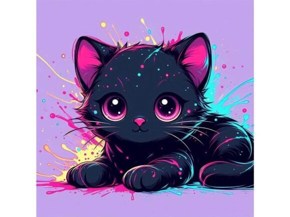 Download Adorable Black Kittenwith Neon Splashes - Neon splash Collection